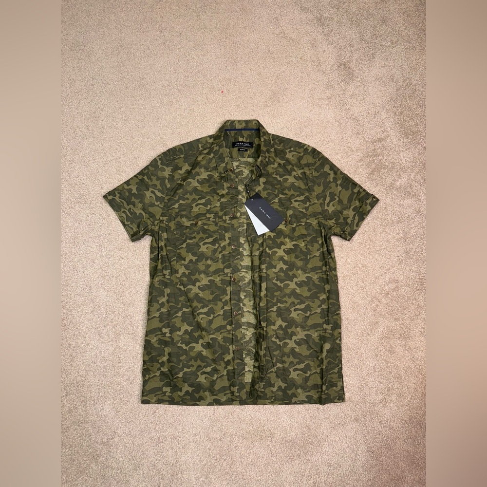 Zara Man Slim Fit Camouflage Short Sleeve Button Down Shirt